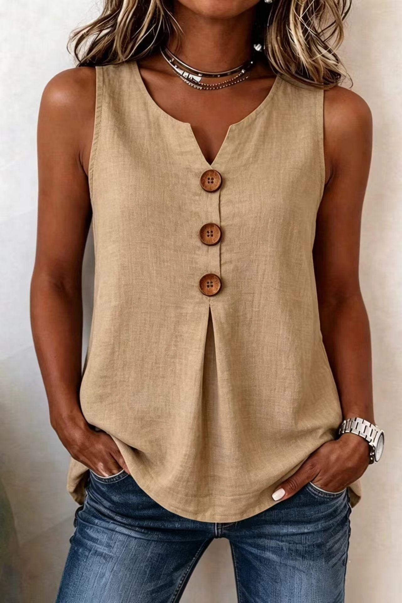 Classic Women's Cotton Linen Button Sleeveless Women's T-shirt