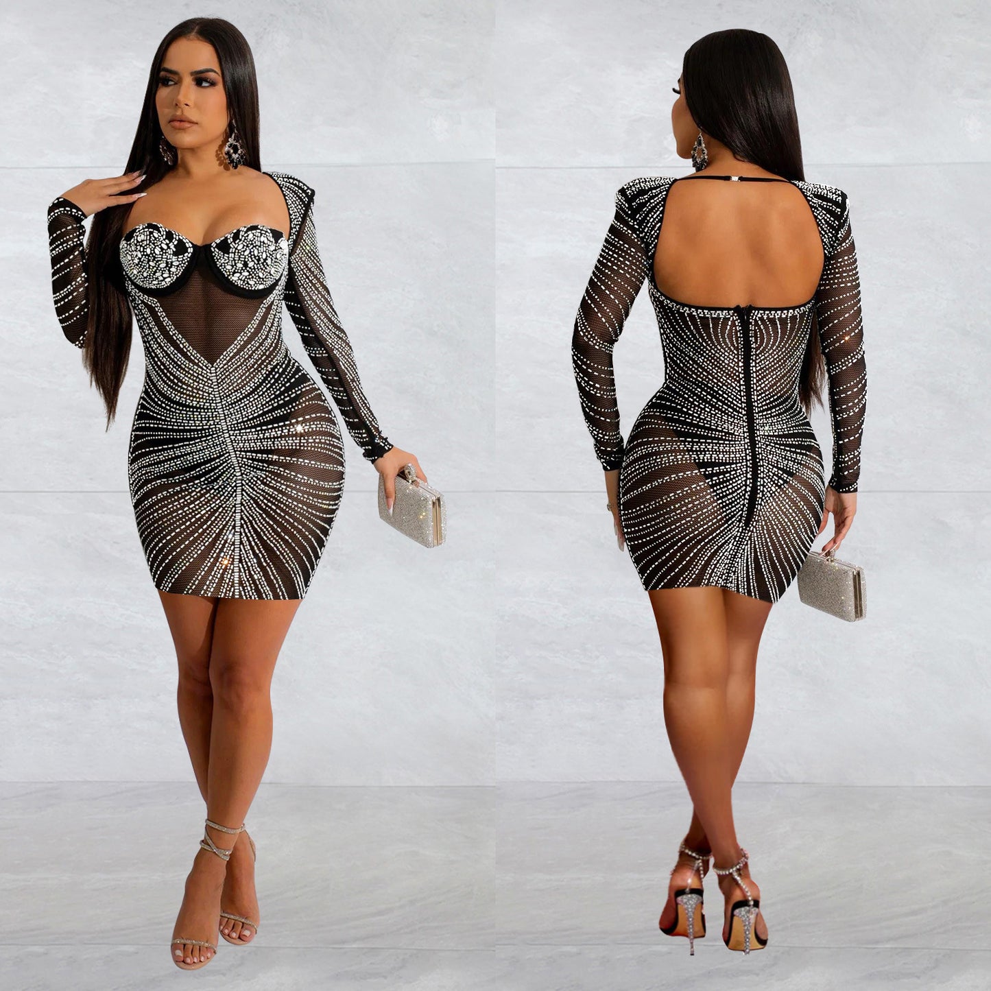Women's Pure Color Mesh Rhinestone Long Sleeve Dresses