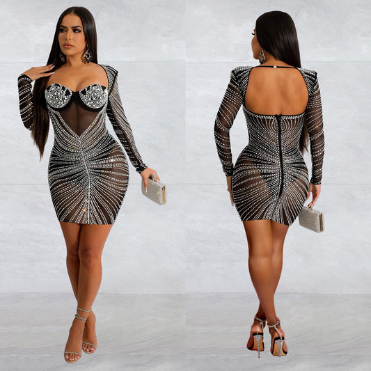 Women's Pure Color Mesh Rhinestone Long Sleeve Dresses