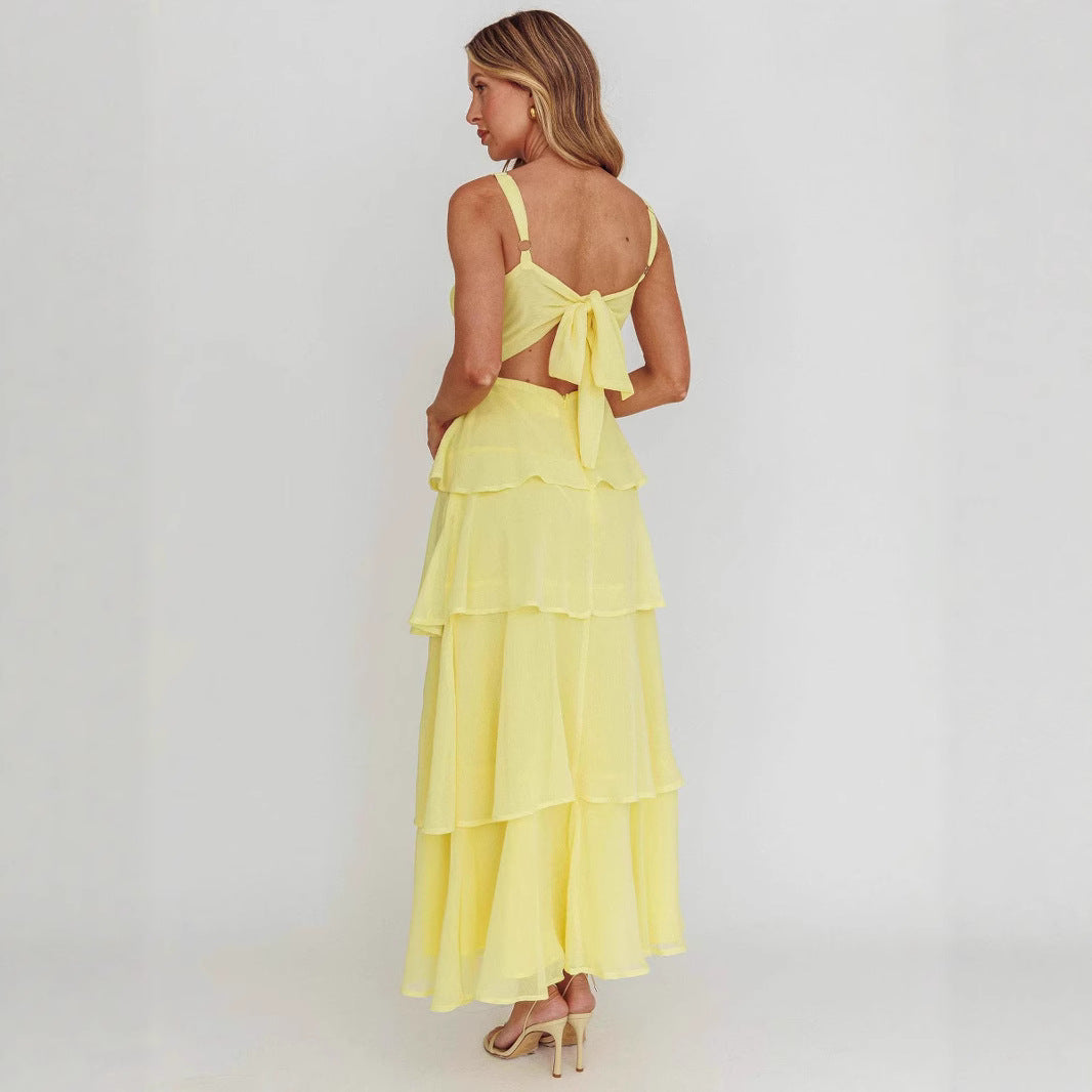New Women's Suspender Layered Sleeveless Backless Dress