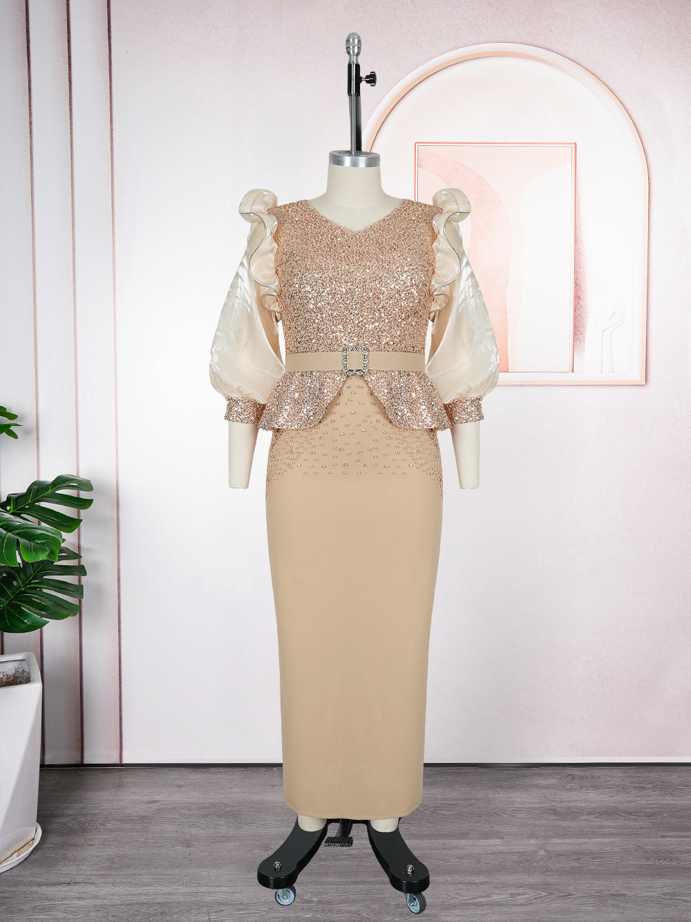 Women's Puff Sleeve Dress Party Dinner Beaded Dresses