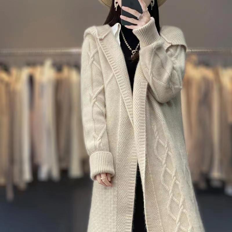 Women's Cashmere Hooded Twisted Knitted Over The Knee Sweaters