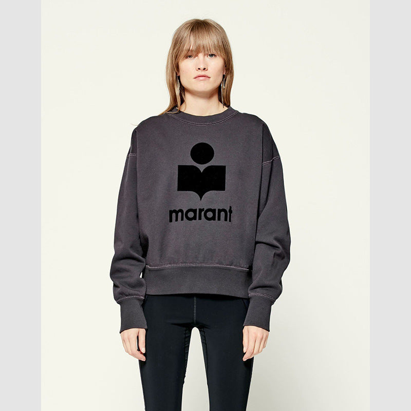 Women's Classic Flocked Printed Black White Cotton Crew Sweaters