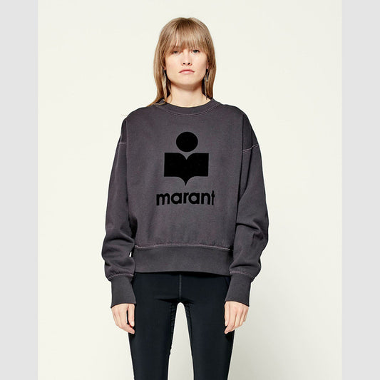 Women's Classic Flocked Printed Black White Cotton Crew Sweaters