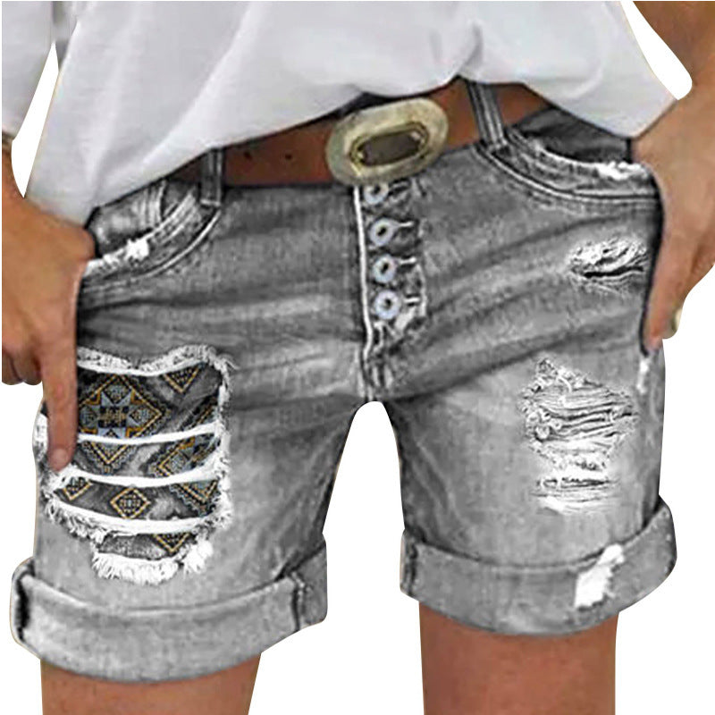 Women's Denim With Hole Curling Stretch Capri Shorts