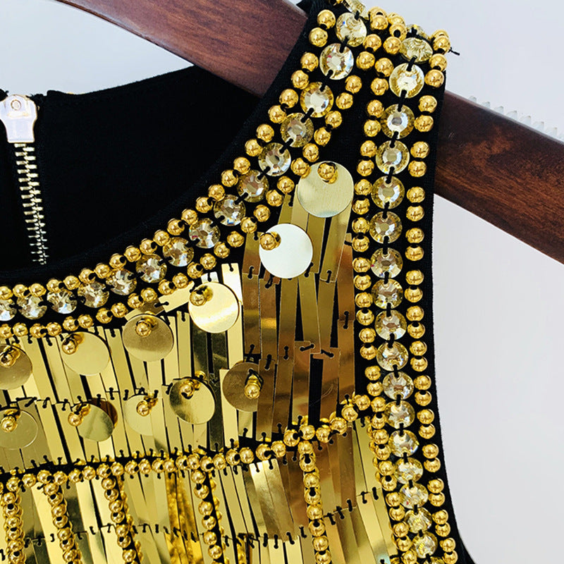 Fashion Metal Sheet Beads Rhinestones Stretch Dress