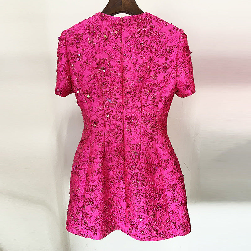 Fashion Rose Pink Series Jacquard Beaded Dress
