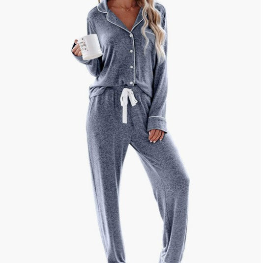 Women's Long-sleeved Trousers Lapel Button Strip Pajamas Suits