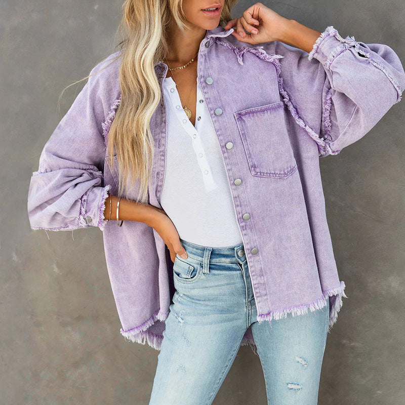 Autumn Long Sleeve Denim Female Washed Frayed Jackets