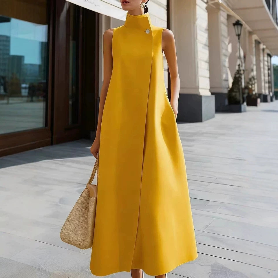 Elegant Commuter Stand Collar One Button Solid Color Sleeveless Dress