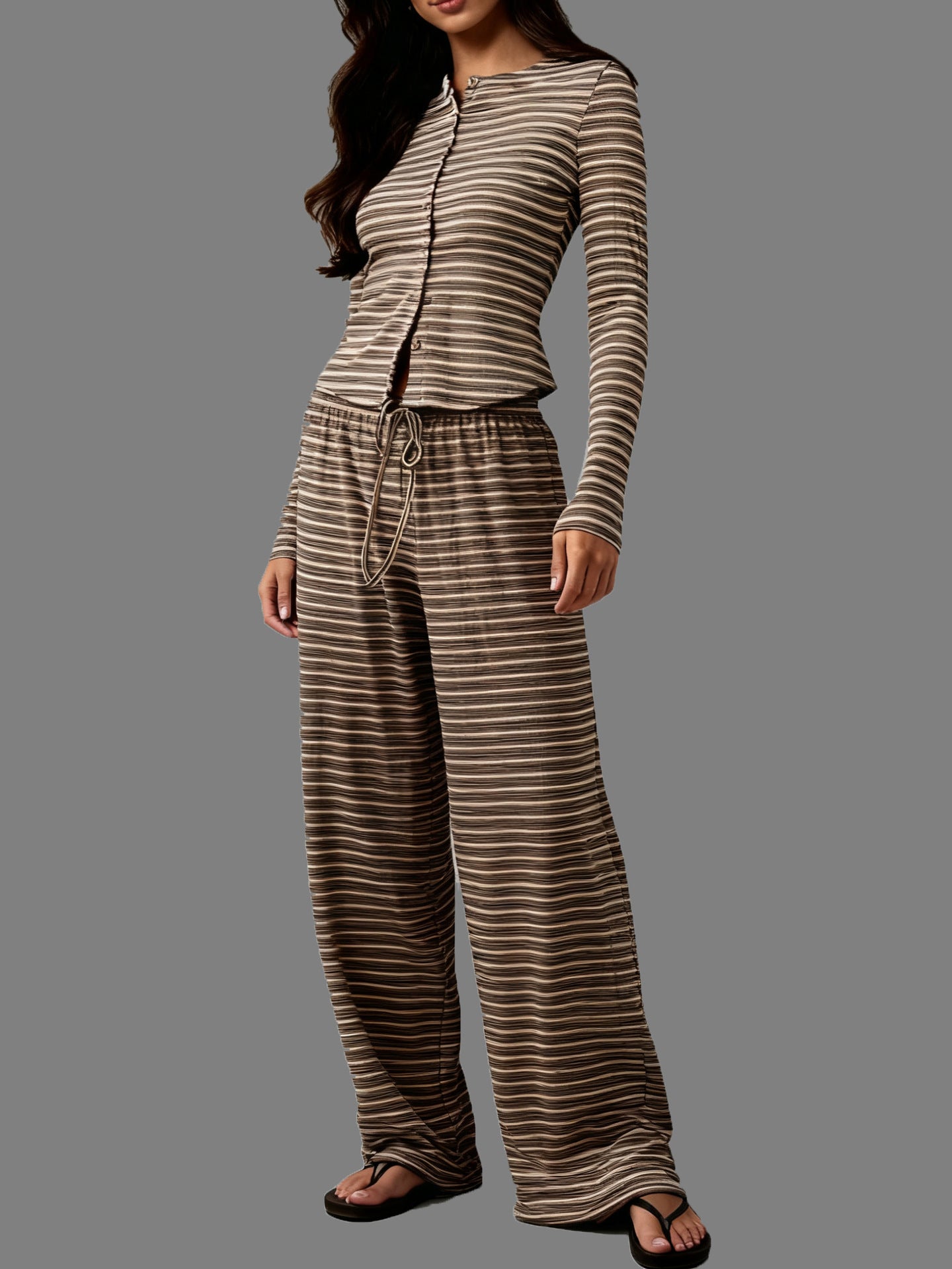 Women's Button Long Sleeve Drawstring Trousers Casual Suits