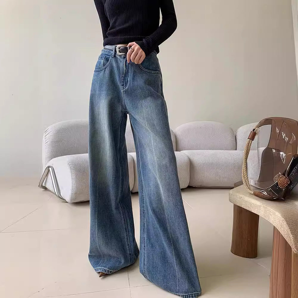 Women's Blue Washed Casual Autumn Straight Loose Pants