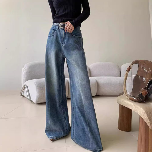 Women's Blue Washed Casual Autumn Straight Loose Pants