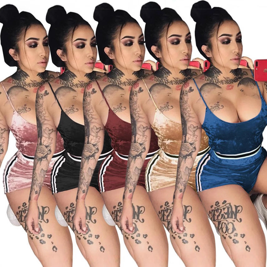 Women's Sexy Flannel Two-piece Sling Nightclub Hot Fashion Casual Suit