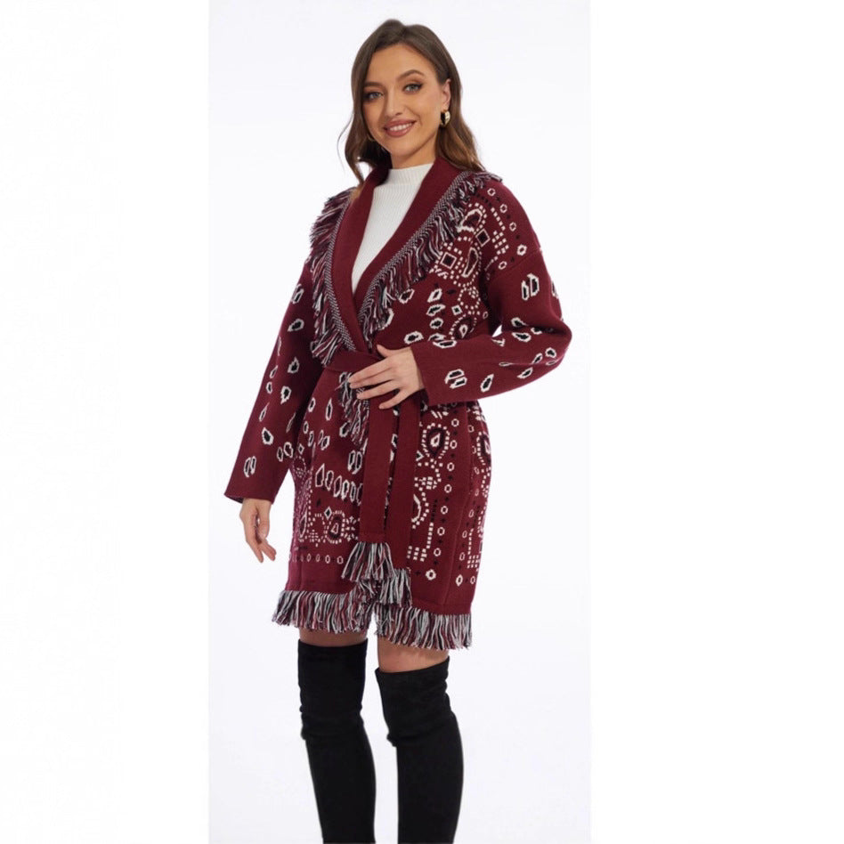 Red Thickened Tassel Jacquard Mid-length Loose Sweaters