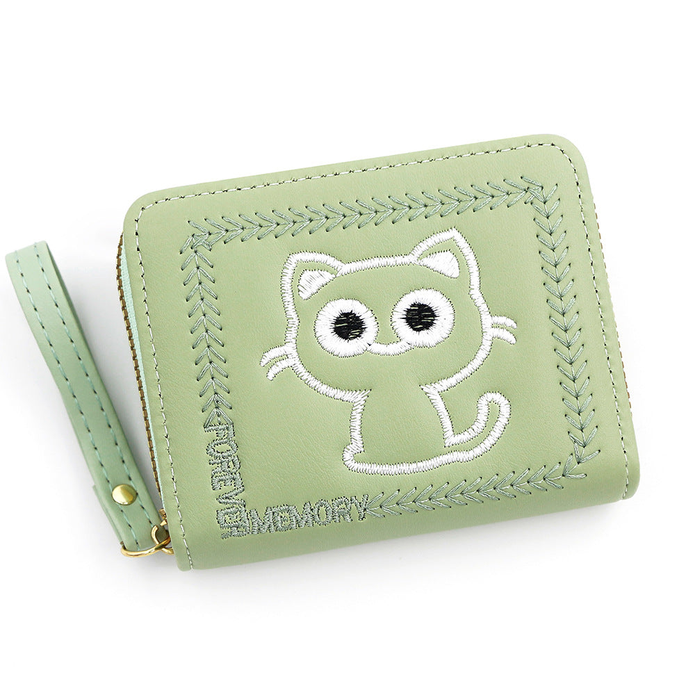 Women's Embroidered Kitty Short Multiple Slots Zipper Ladies Wallets