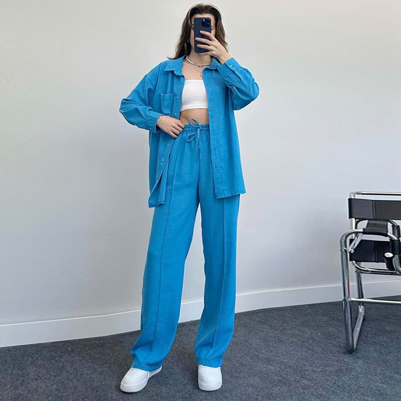 Women's Lady Loose Long-sleeved Shirt Trousers Two-piece Suits