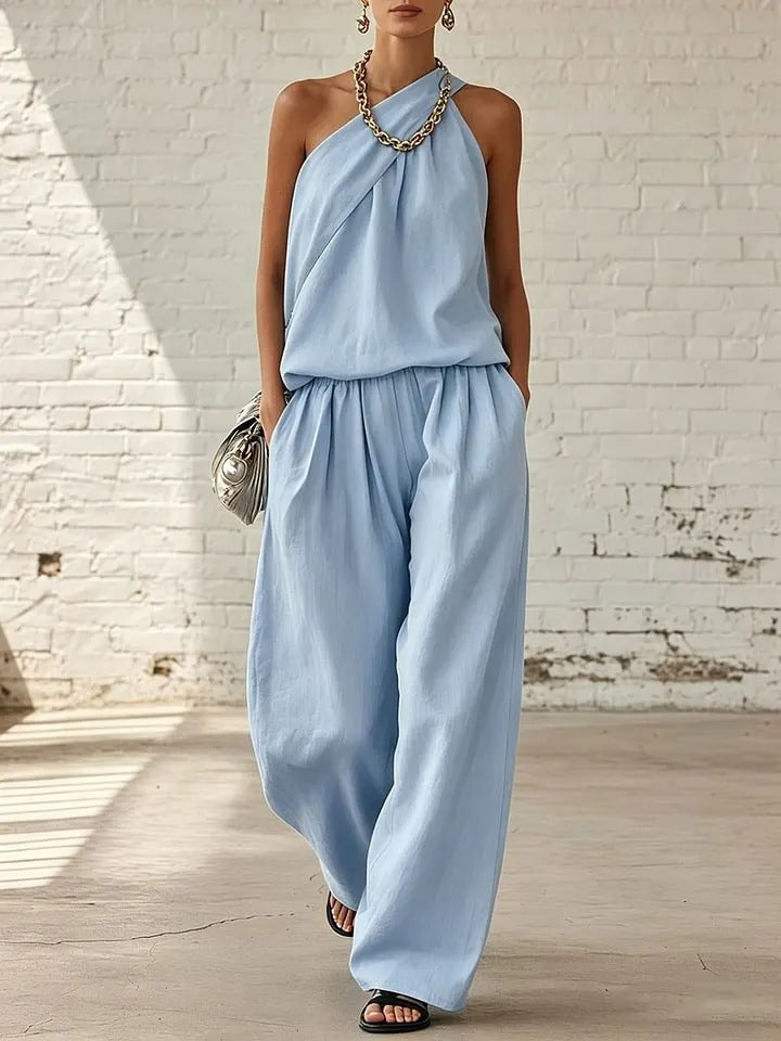 Linen Sleeveless Cold-shoulder Solid Color Wide Fashion Casual Suit