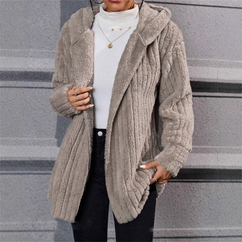 Warm Fashion Vertical Stripe Double-sided Hooded Women's Sweater, Sweater
