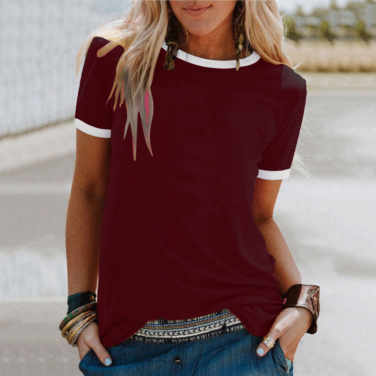 Women's Solid Color Loose Round Neck Sleeve Shorts