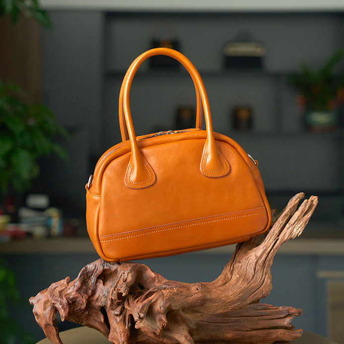 Women's Full Tree Cream Vegetable Tanning Leather Bowling Handbags