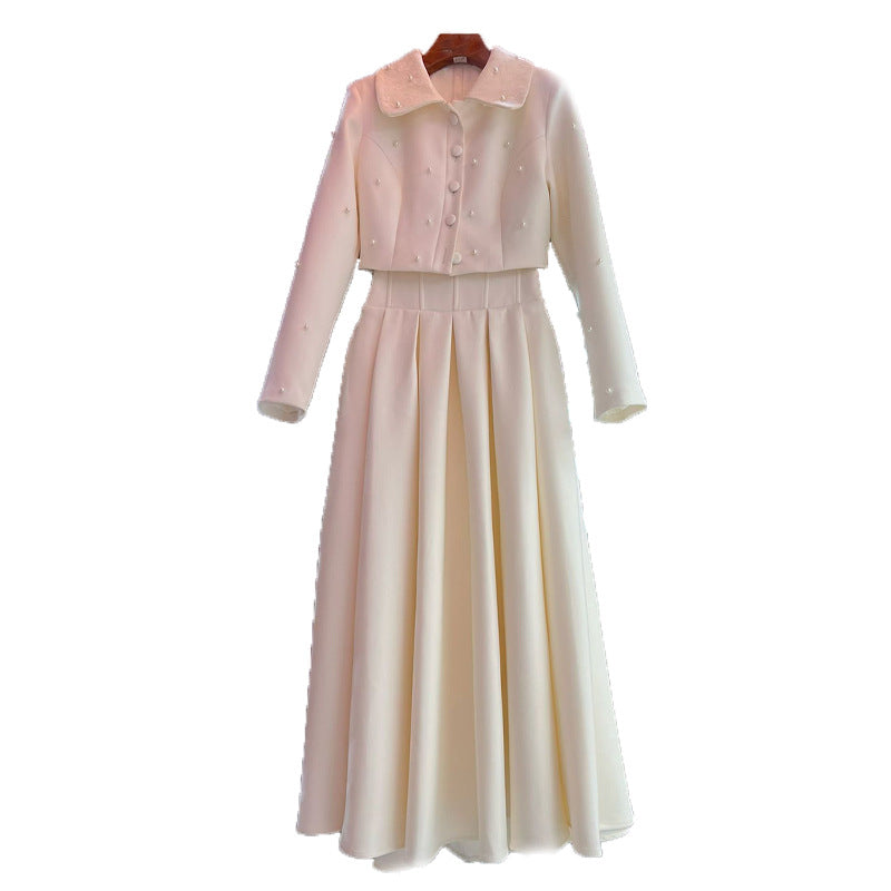 Women's Slim Long Dress Temperament Pure Color Beaded Suits