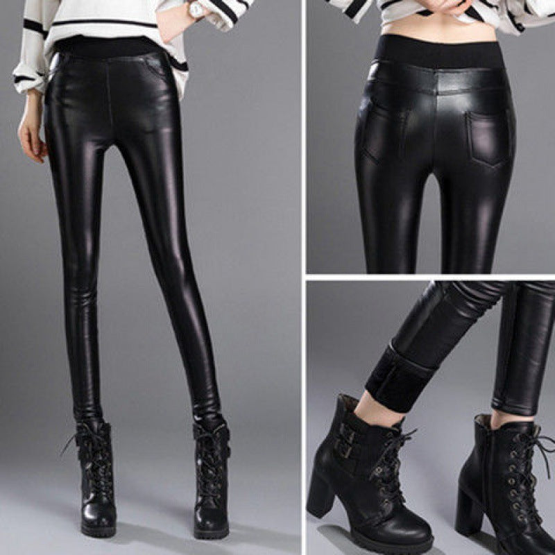 Women's Leather Fleece-lined Thick High Waist Elastic Pants