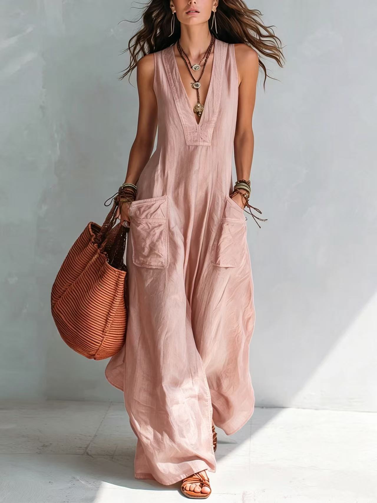 Solid Color Temperament Large Loose Pockets Jumpsuits