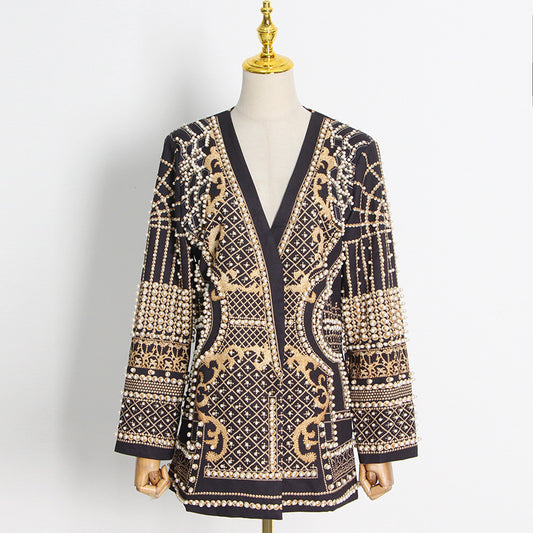 Women's French Style Small Fashion Bead Printed Long Sleeve Blazers