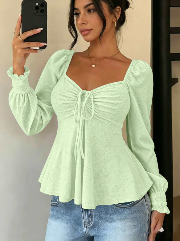 Women's Drawstring Smocking Sexy Sleeve Solid Color Women's T-shirt