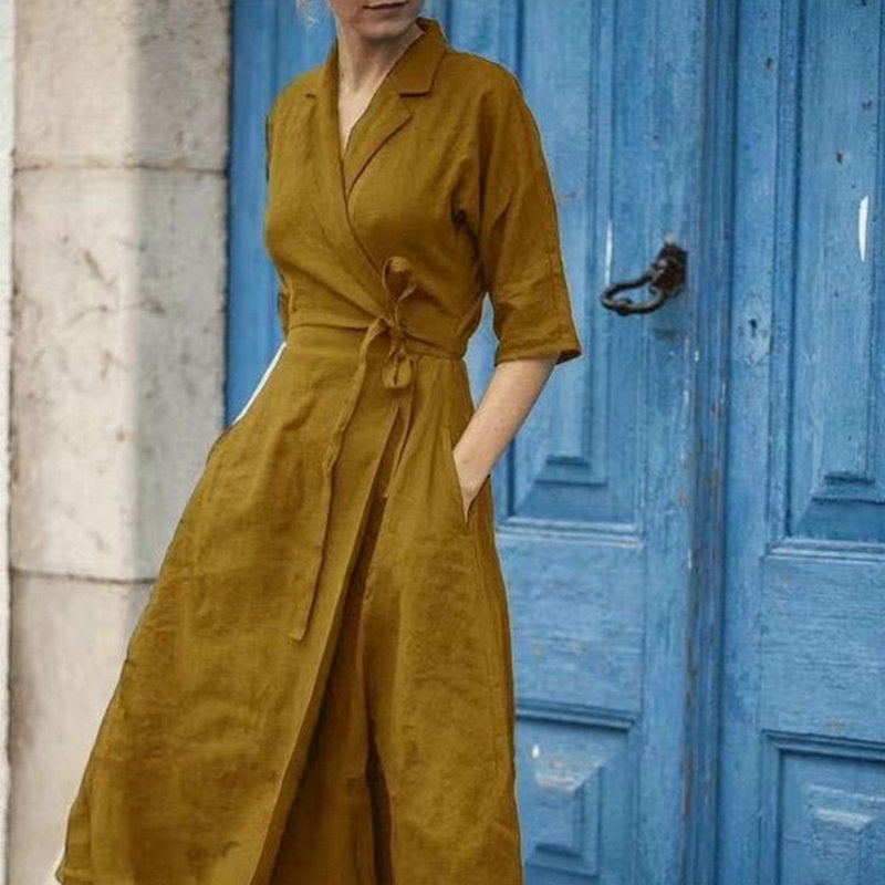 Linen Half Sleeve Turn-down Collar Large Swing Solid Dress