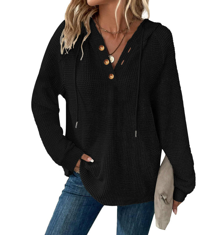 Women's Solid Color Waffle Hooded Button Loose Long Women's Sweater, Sweater