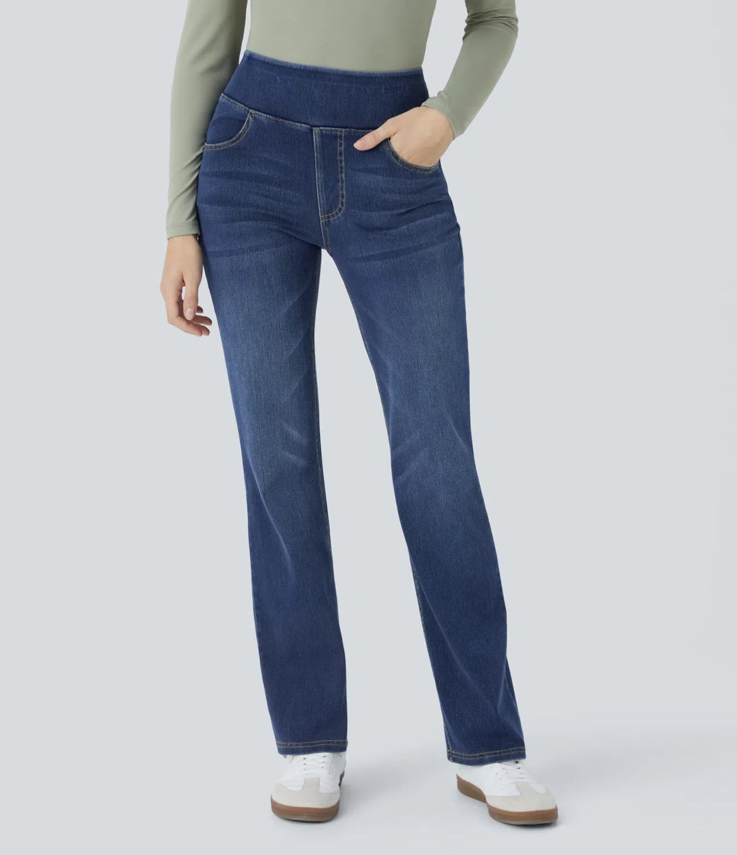 Women's Washed High Waist Straight Stretch Slim Fit Draped Jeans
