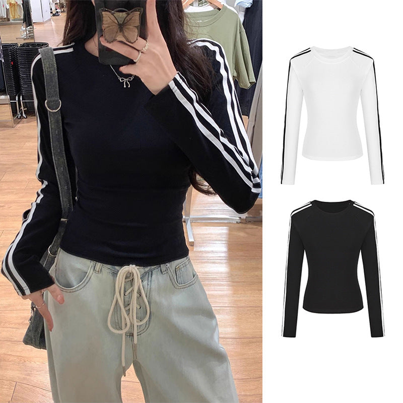 Women's Hot White Striped Long-sleeved Early Raglan Inner Women's T-shirt