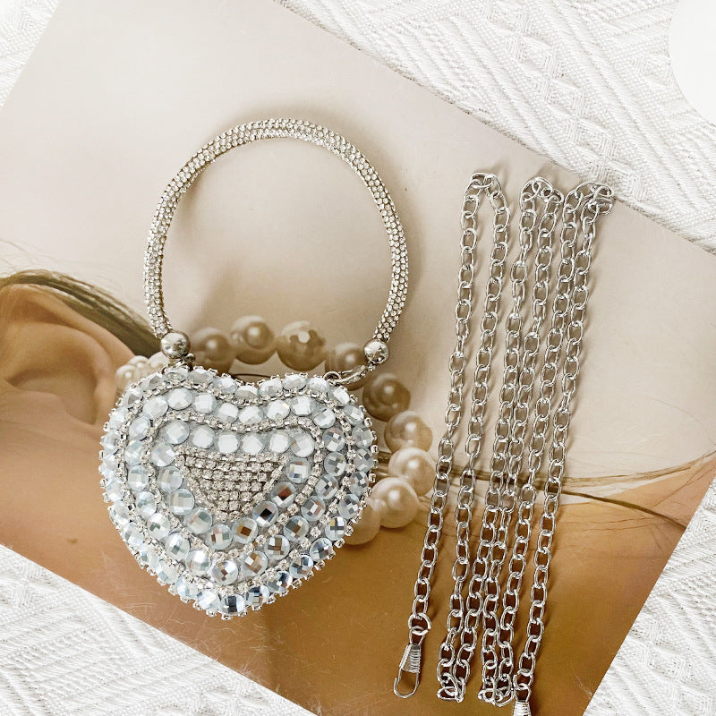 Peach Heart Chain Diamond Glass Stone Evening Bags
