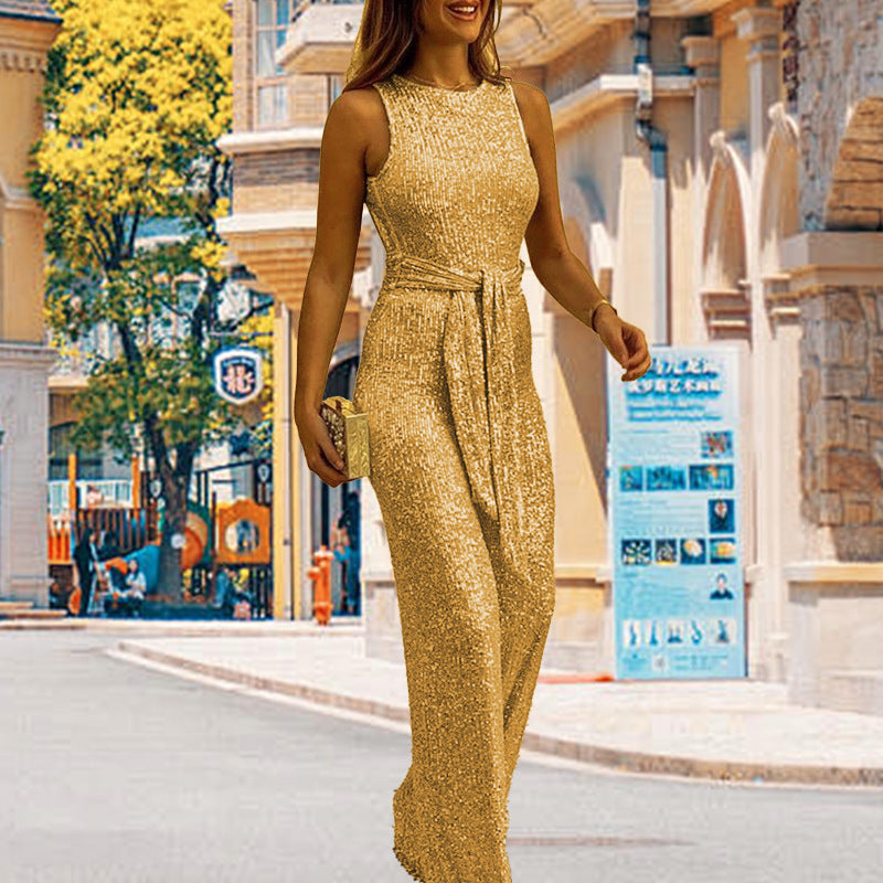 Women's Summer Round Neck Sleeveless Personalized Sequined Jumpsuits