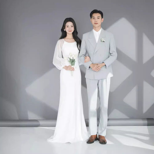 Light Dress White Long Sleeve Satin Gown Bride Wedding Dresses