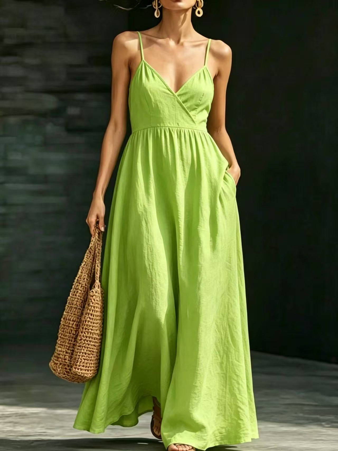 Women's Summer Backless Strap Pocket Elegant Long Dress