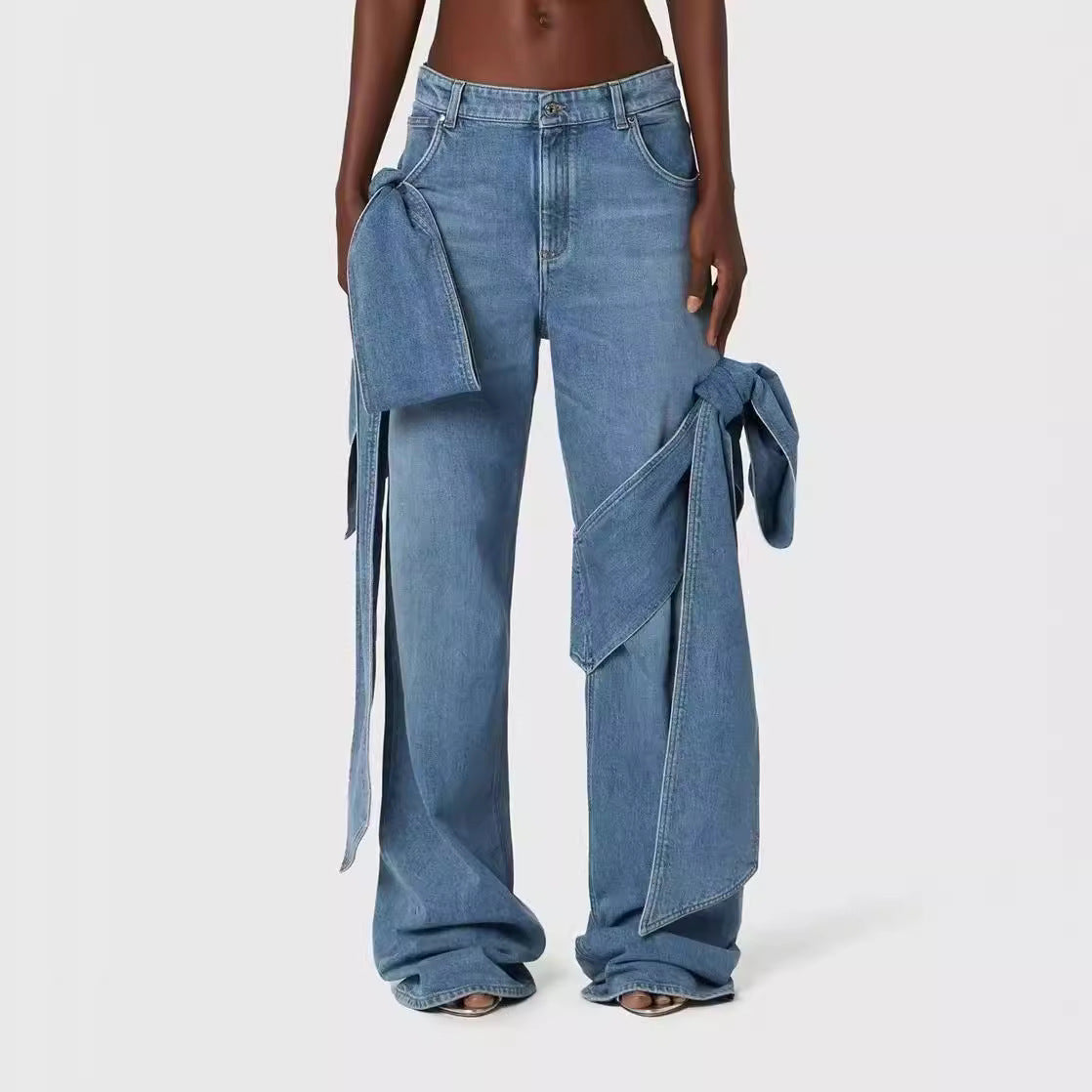 Women's Spring Washed Distressed Stitching Bow Design High Jeans