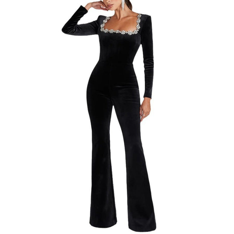 Diamond Veet Square Collar Long Sleeve Jumpsuits