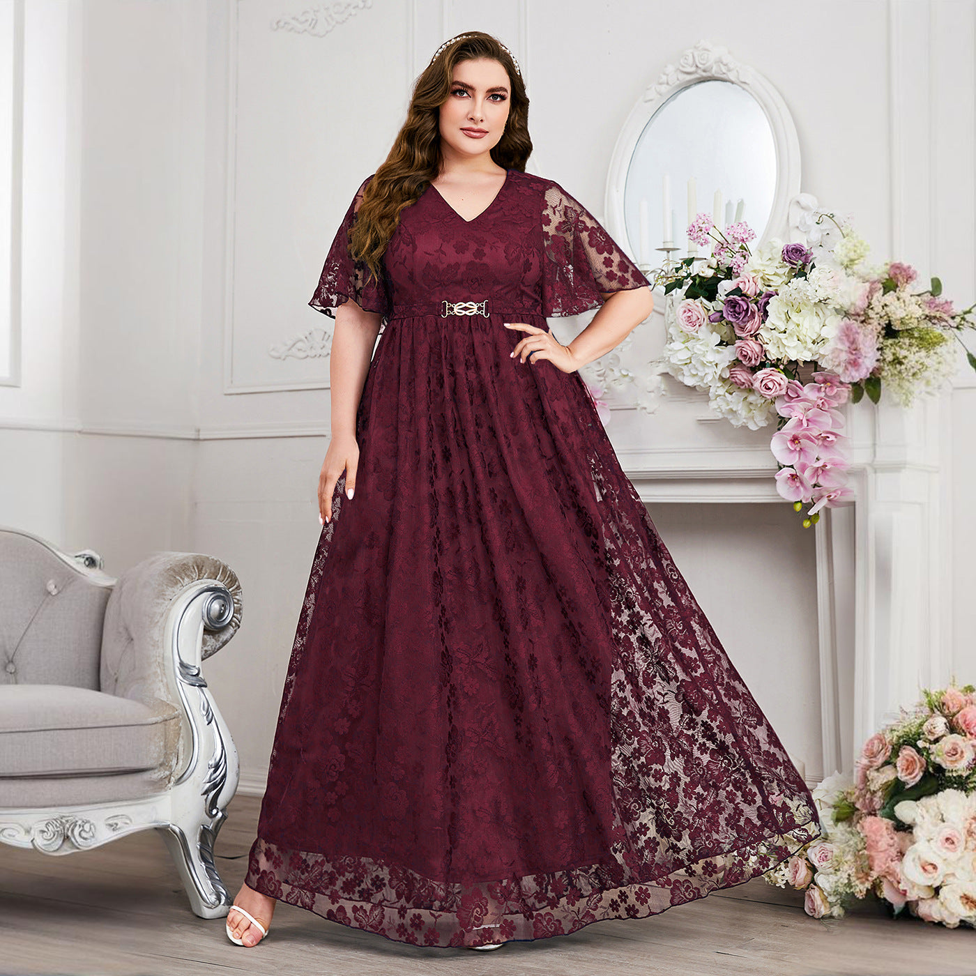 Women's Large Fashion Elegant Bridesmaid Lace Dress Dresses