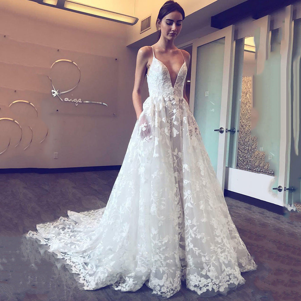 White Long Sexy Strap Hollow Lace Dress