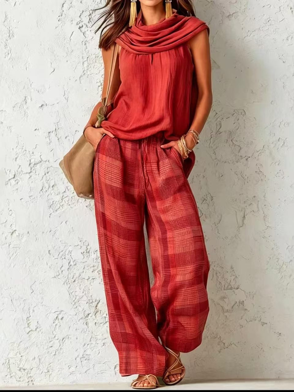 Beautiful Women's Retro Style Sleeveless Plaid Fashion Casual Suit