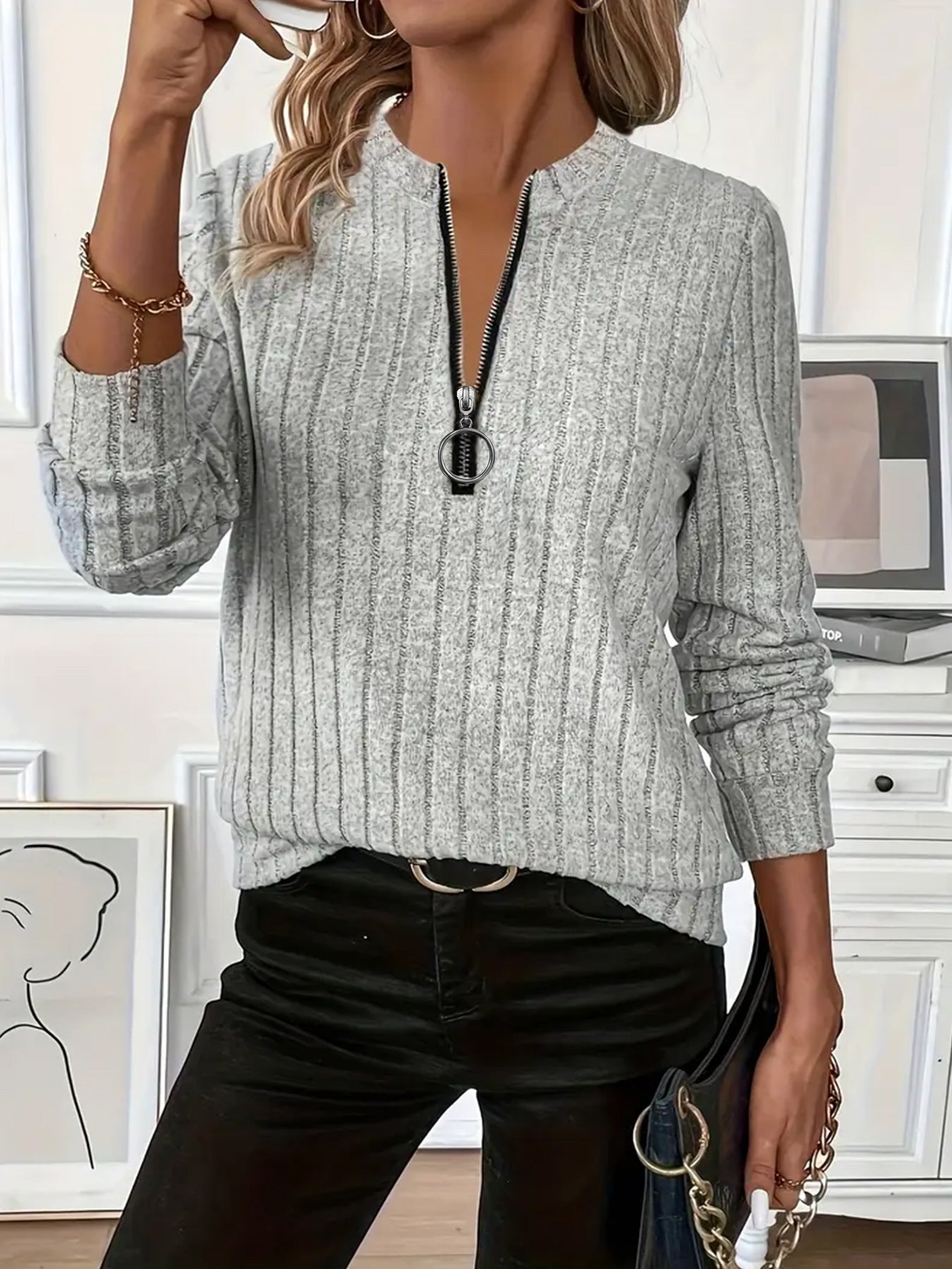 Women's Knitted Sunken Stripe Solid Color Fabric Women's Sweater, Sweater