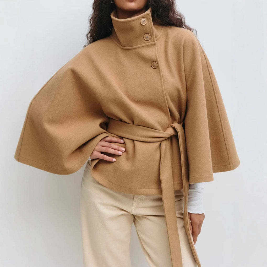 Women's Solid Color Cloak Stand Collar Button Coats
