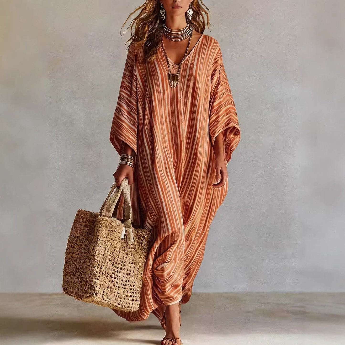 Women's Summer Digital Printed Half Sleeve Kraft Tan Dress