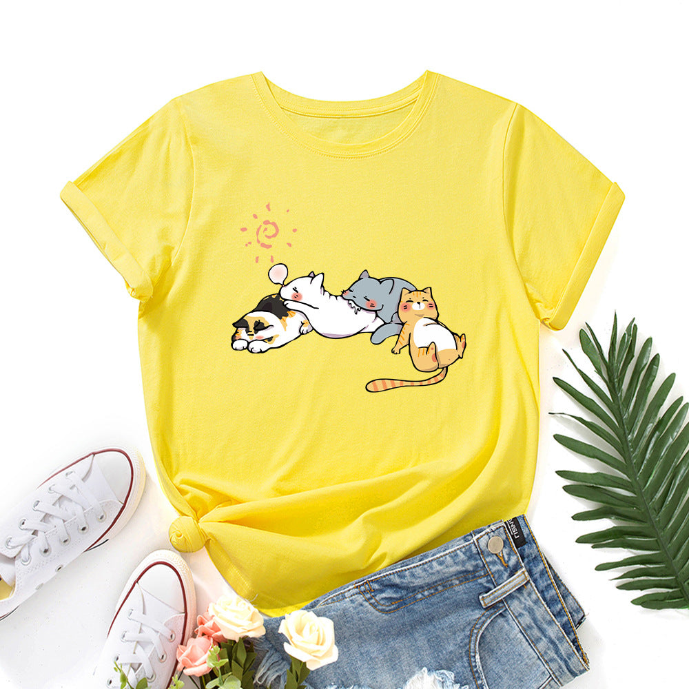 Women's Sleeping Cat Printing Loose Round Neck Sleeve Women's T-shirt
