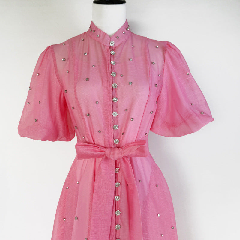 Women's Single-breasted Stand-up Collar Puff Sleeve Dress Dresses