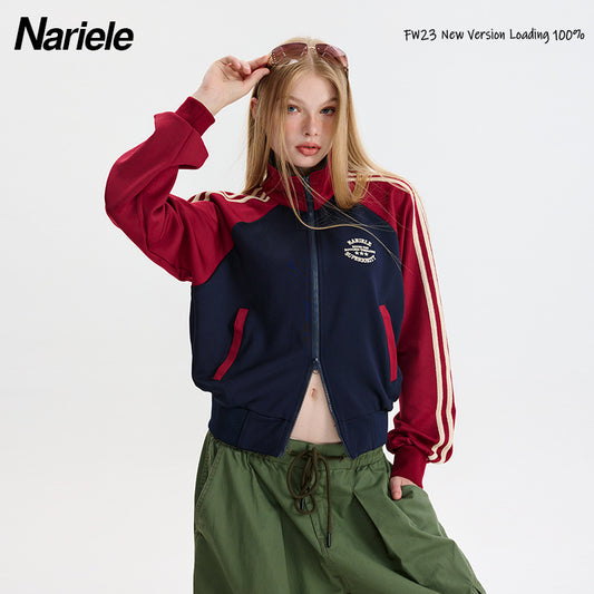 Women's Contrast Color Striped Sleeve Hoodie Stand Sweaters