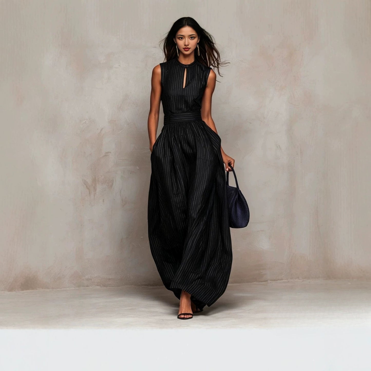 Women's Deep Blue Stripes Sleeveless Waist Wide Leg Long Graceful Women's Jumpsuit/clothing